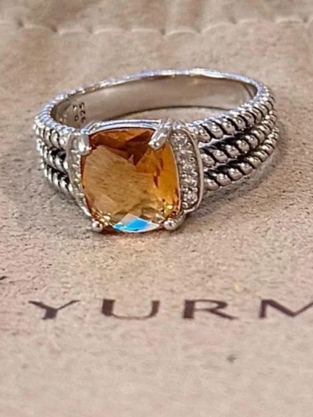 David Yurman Sterling Silver Citrine & Diamond Wheaton Ring Size 8
